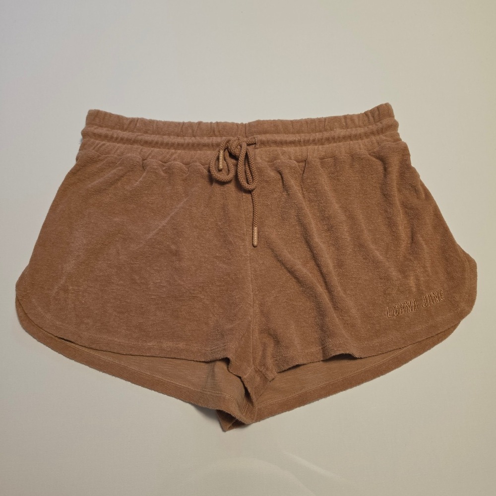 Lorna Jane Terry Cloth Drawstring Lounge Athletic Shorts Tan Brown Size Medium